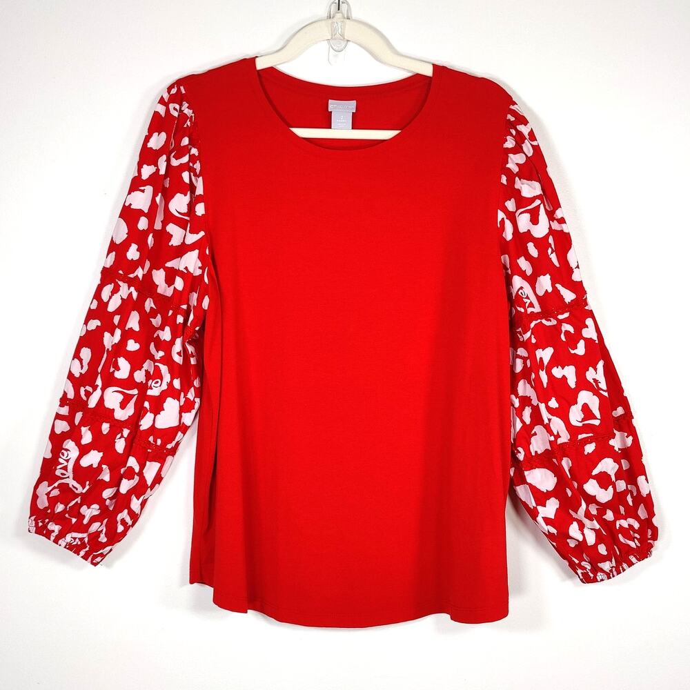 Chico's Pima Cotton Modal Puff Sleeve Top Red Love Print Blouse 2 L‎